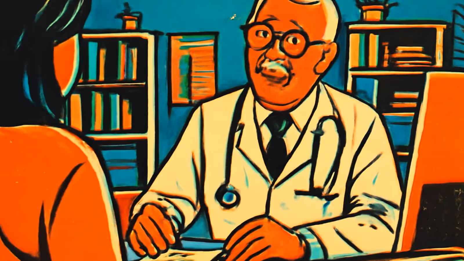 Pop-art illustration of a doctor in a white coat with a stethoscope sitting across a desk from a patient seen from behind.