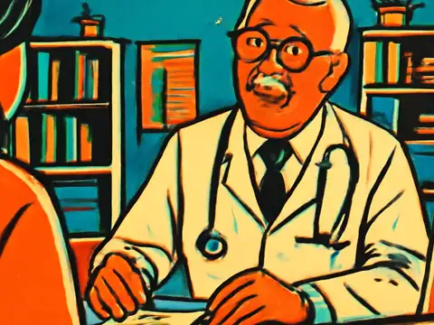 Pop-art illustration of a doctor in a white coat with a stethoscope sitting across a desk from a patient seen from behind.