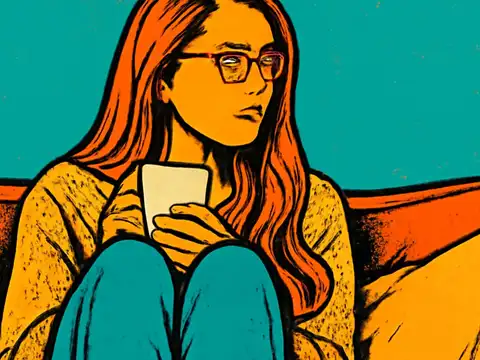 Pop-art illustration of a person in glasses sitting on a sofa with knees drawn up, holding a mug and looking away, against a teal background.