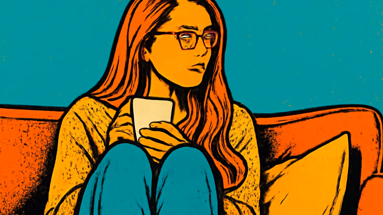 Ilustração pop-art de uma pessoa de óculos sentada em um sofá com os joelhos puxados, segurando uma caneca e olhando para o lado, contra um fundo verde-azulado.