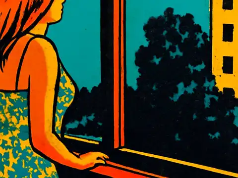 Pop-art illustration of a person with long hair standing at an open window with one hand on the sill, looking out towards trees and a building.