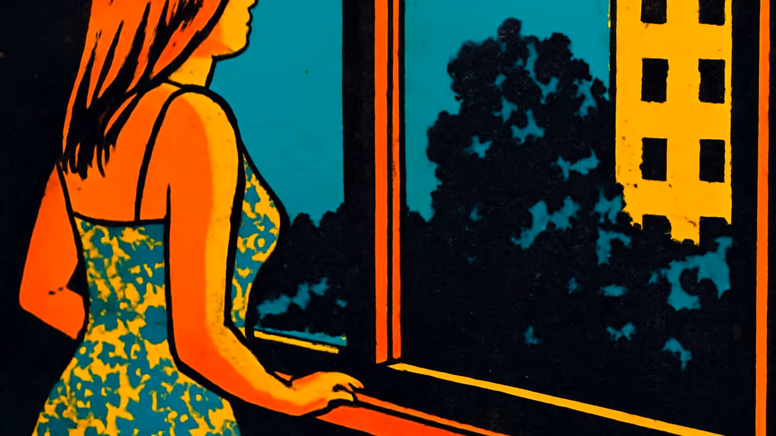 Pop-art illustration of a person with long hair standing at an open window with one hand on the sill, looking out towards trees and a building.