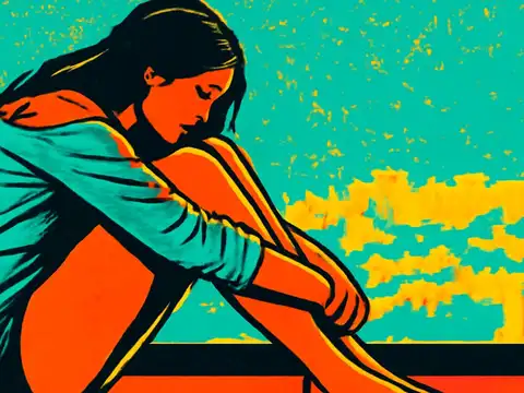 Pop-art illustration of a woman sitting with her arms wrapped around her knees beside a window.