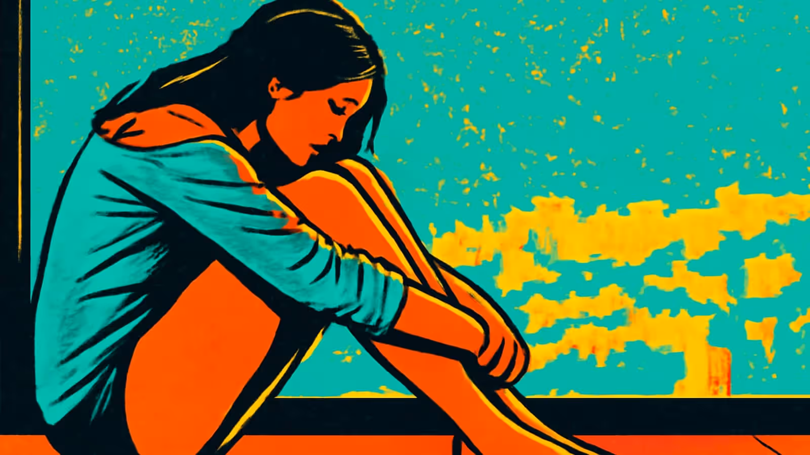 Pop-art illustration of a woman sitting with her arms wrapped around her knees beside a window.