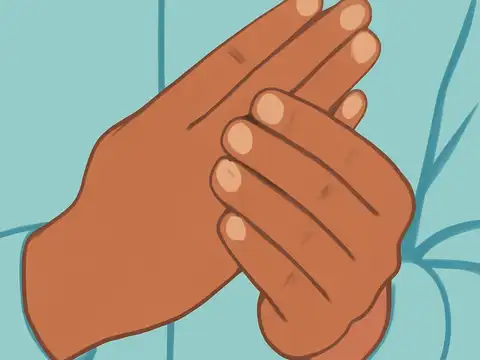 Flat vector illustration of a close-up of two hands clasped together against a pale blue shirt.