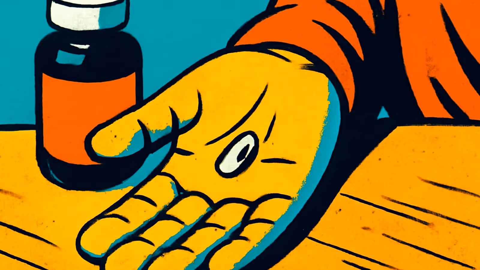 An open empty palm held out beside a capped medication bottle on a wooden table, rendered as a flat orange, yellow and teal illustration.