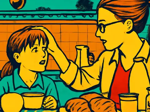 Pop-art illustration of a woman reaching across a breakfast table to touch a child on the head, the child looking up with a worried expression.