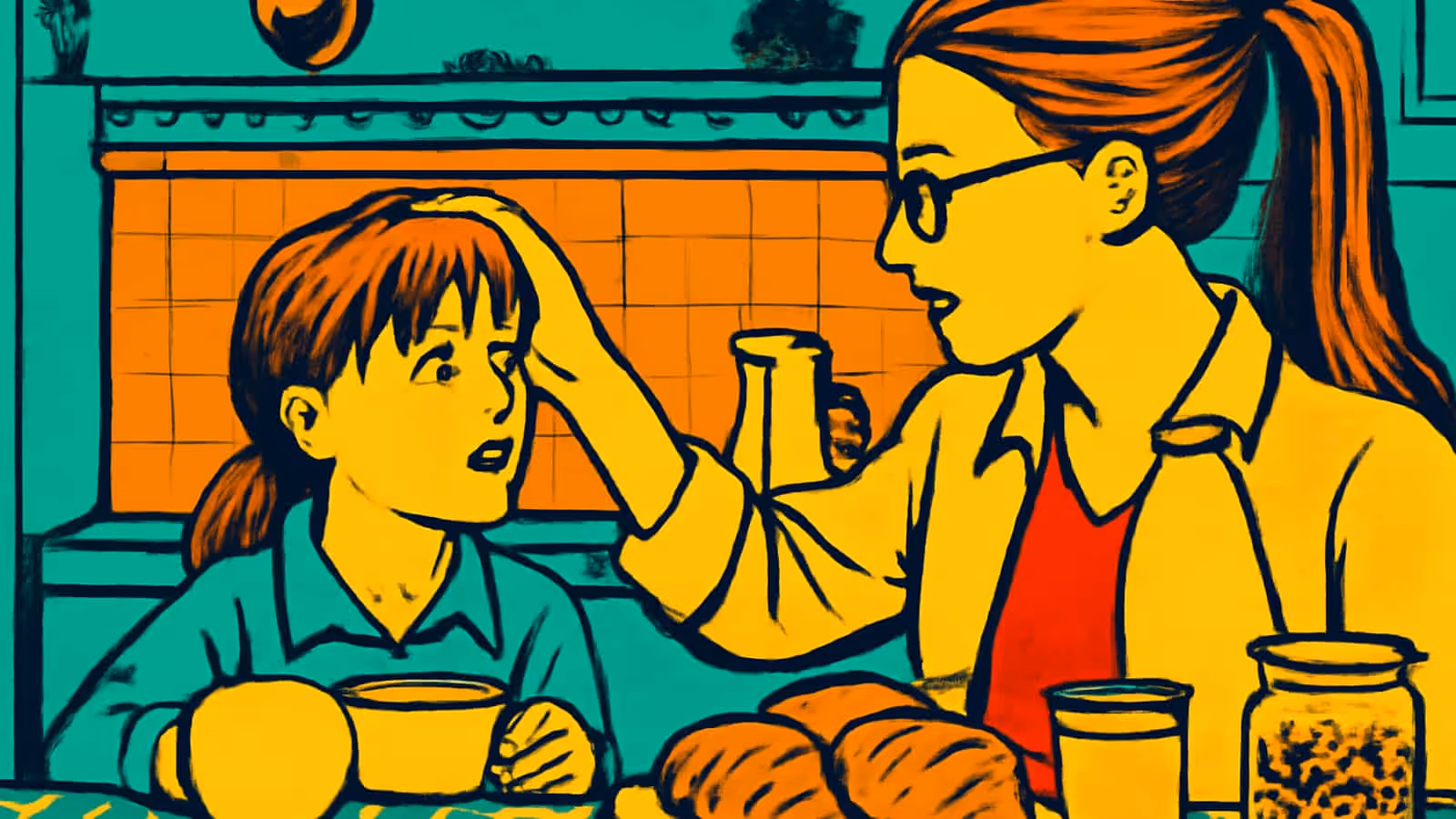 Ilustración de pop-art de una mujer extendiendo la mano a través de una mesa de desayuno para tocar la cabeza de un niño, quien la mira hacia arriba con una expresión de preocupación.