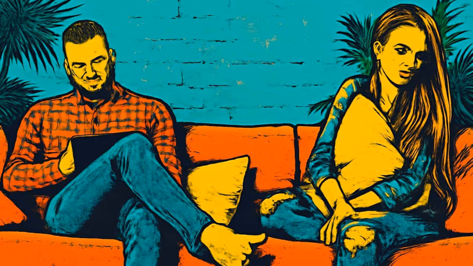 A flat illustration of two people at opposite ends of an orange sofa, one looking down at a tablet and the other hugging a cushion and looking away.