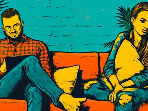 A flat illustration of two people at opposite ends of an orange sofa, one looking down at a tablet and the other hugging a cushion and looking away.