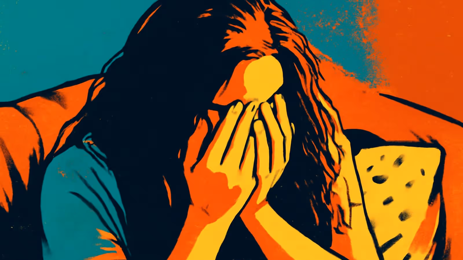 Pop-art illustration of a person sitting on a sofa with their face in both hands, hair falling forward.