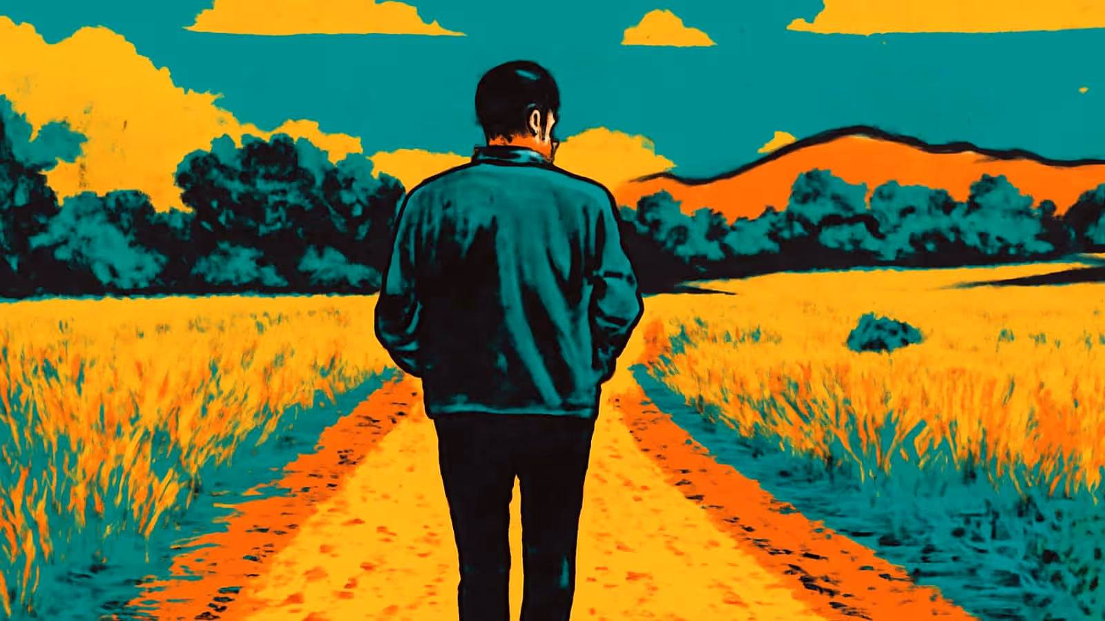Pop-art illustration seen from behind of a person walking a dirt track between fields, hands in pockets, hills in the distance.