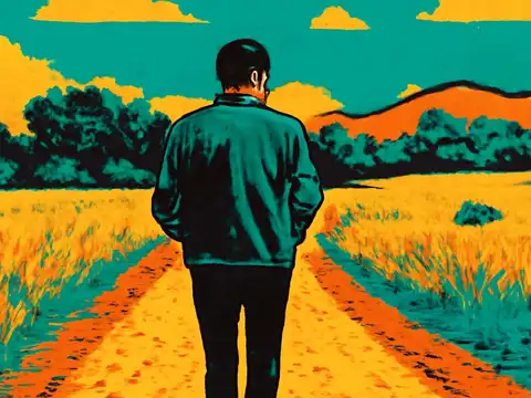 Pop-art illustration seen from behind of a person walking a dirt track between fields, hands in pockets, hills in the distance.