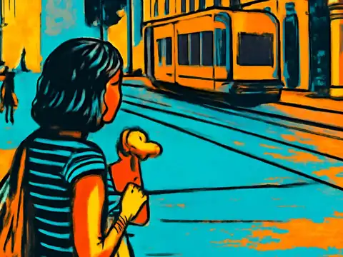 Pop-art illustration of a person with short dark hair and a shoulder bag standing beside tram tracks holding a soft toy, seen from behind, with a tram approaching in the background.