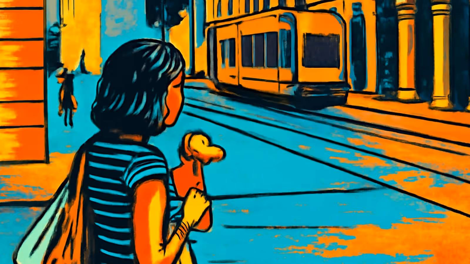 Pop-art illustration of a person with short dark hair and a shoulder bag standing beside tram tracks holding a soft toy, seen from behind, with a tram approaching in the background.