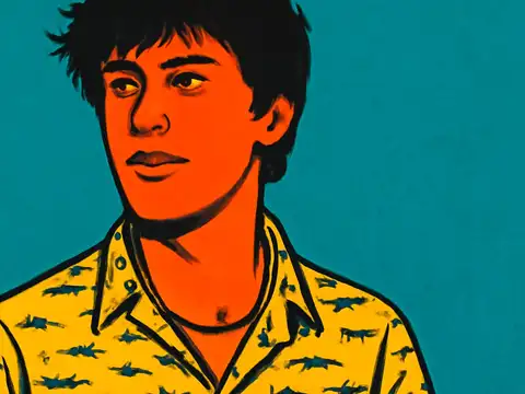 Flat pop-art illustration in teal, orange and yellow. A young person with dark hair, in a patterned collared shirt, looks past the camera against a plain background.