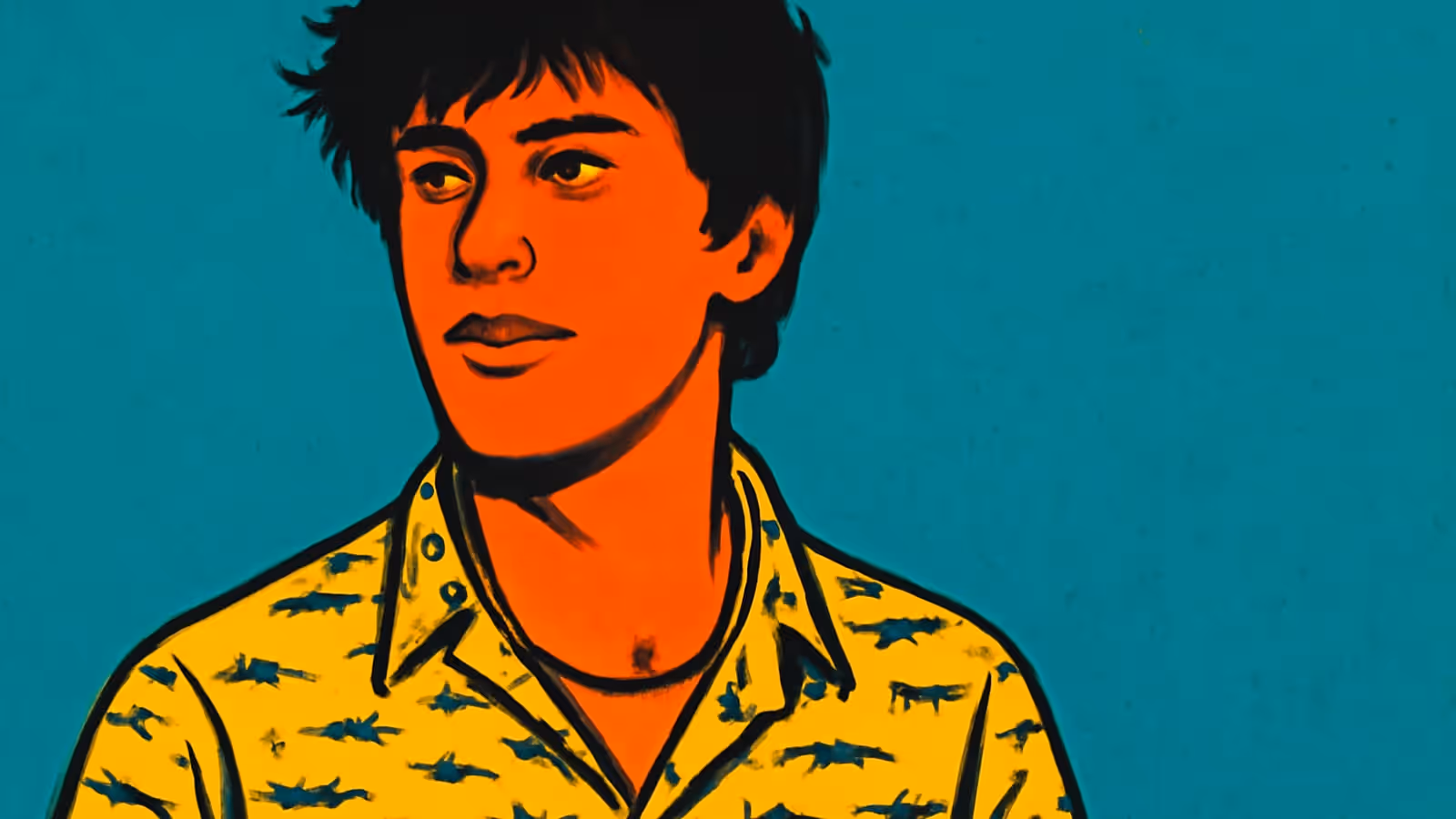 Flat pop-art illustration in teal, orange and yellow. A young person with dark hair, in a patterned collared shirt, looks past the camera against a plain background.