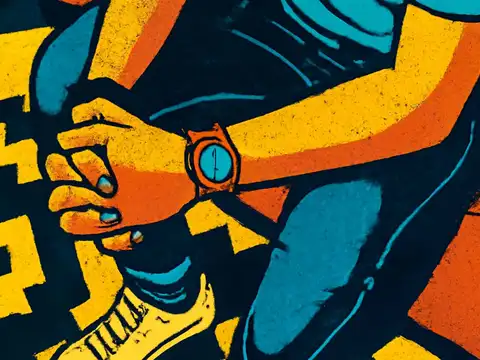 An overhead view of a person sitting on a sofa with their hands clasped together in their lap, wearing a wristwatch, rendered as a flat orange, yellow and teal illustration.