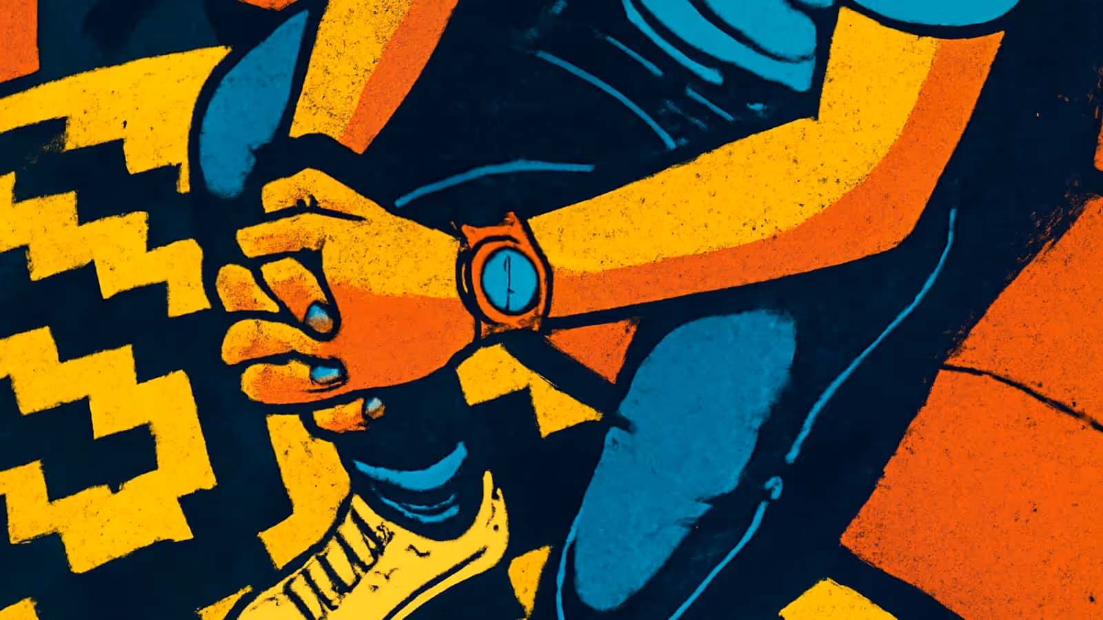 An overhead view of a person sitting on a sofa with their hands clasped together in their lap, wearing a wristwatch, rendered as a flat orange, yellow and teal illustration.