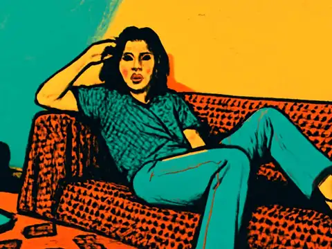 Pop-art illustration of a woman sitting back on a couch, one hand in her hair.