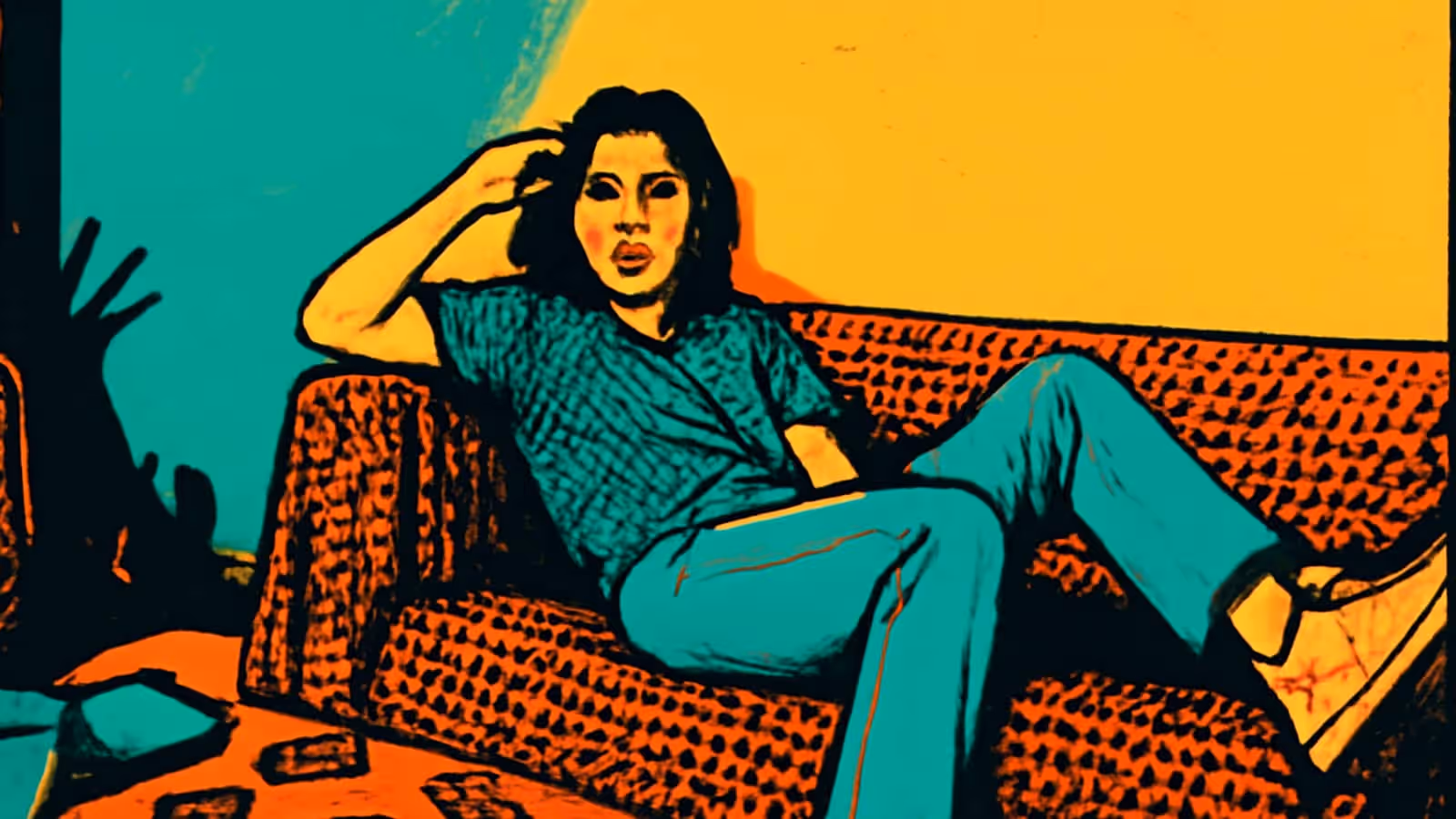 Pop-art illustration of a woman sitting back on a couch, one hand in her hair.