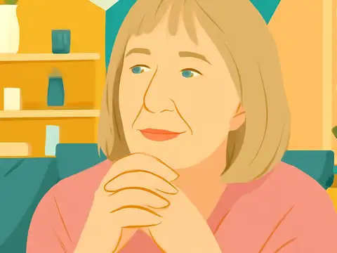 Flat vector illustration of an older woman with her hands clasped, looking thoughtfully to one side.