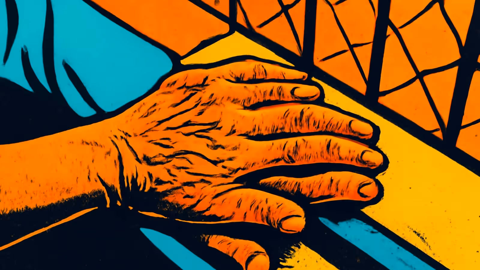 Pop-Art-Illustration im Nahbereich einer Hand, die auf einer anderen älteren, gefurchten Hand ruht, vor orangefarbenen und türkisfarbenen Farbblöcken.