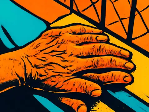 Pop-art illustration in close-up of one hand resting on top of another older, lined hand, against orange and teal blocks of colour.