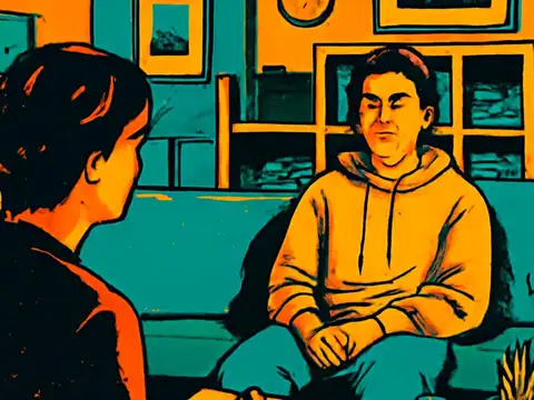 Pop-art illustration of a young person in a hooded top sitting on a sofa, facing an adult seated opposite them.