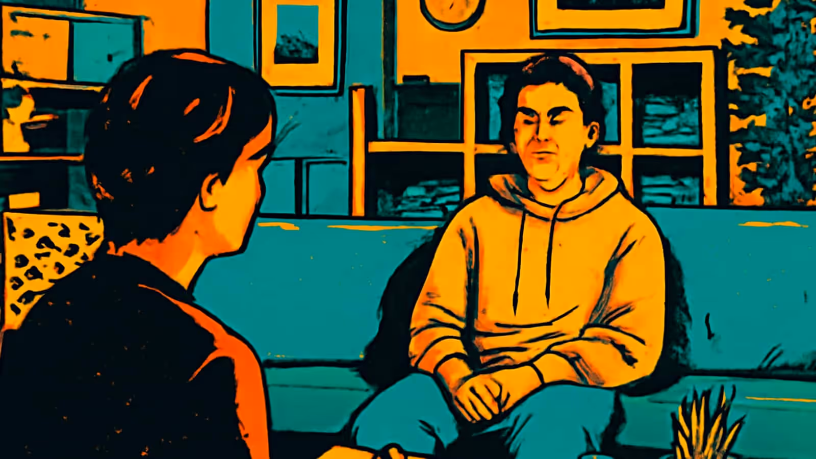 Pop-art illustration of a young person in a hooded top sitting on a sofa, facing an adult seated opposite them.