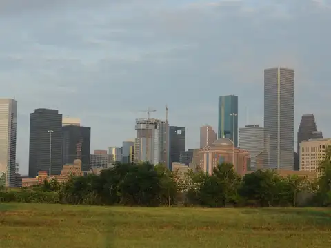 The downtown Houston skyline seen across an open grass field and a line of trees under a pale, cloudy sky.