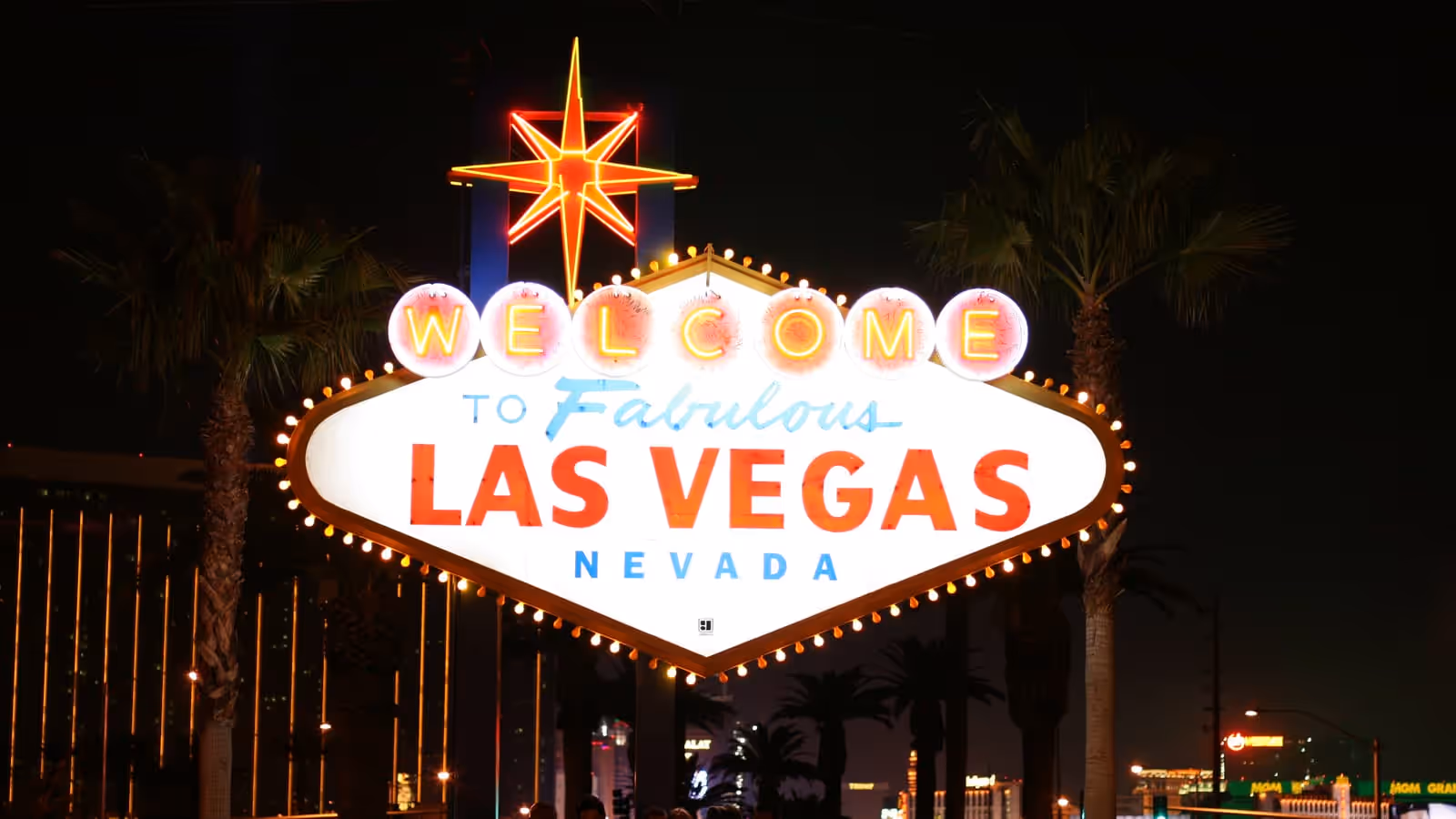 The Welcome to Fabulous Las Vegas Nevada neon sign lit at night, framed by palm trees against a dark sky.