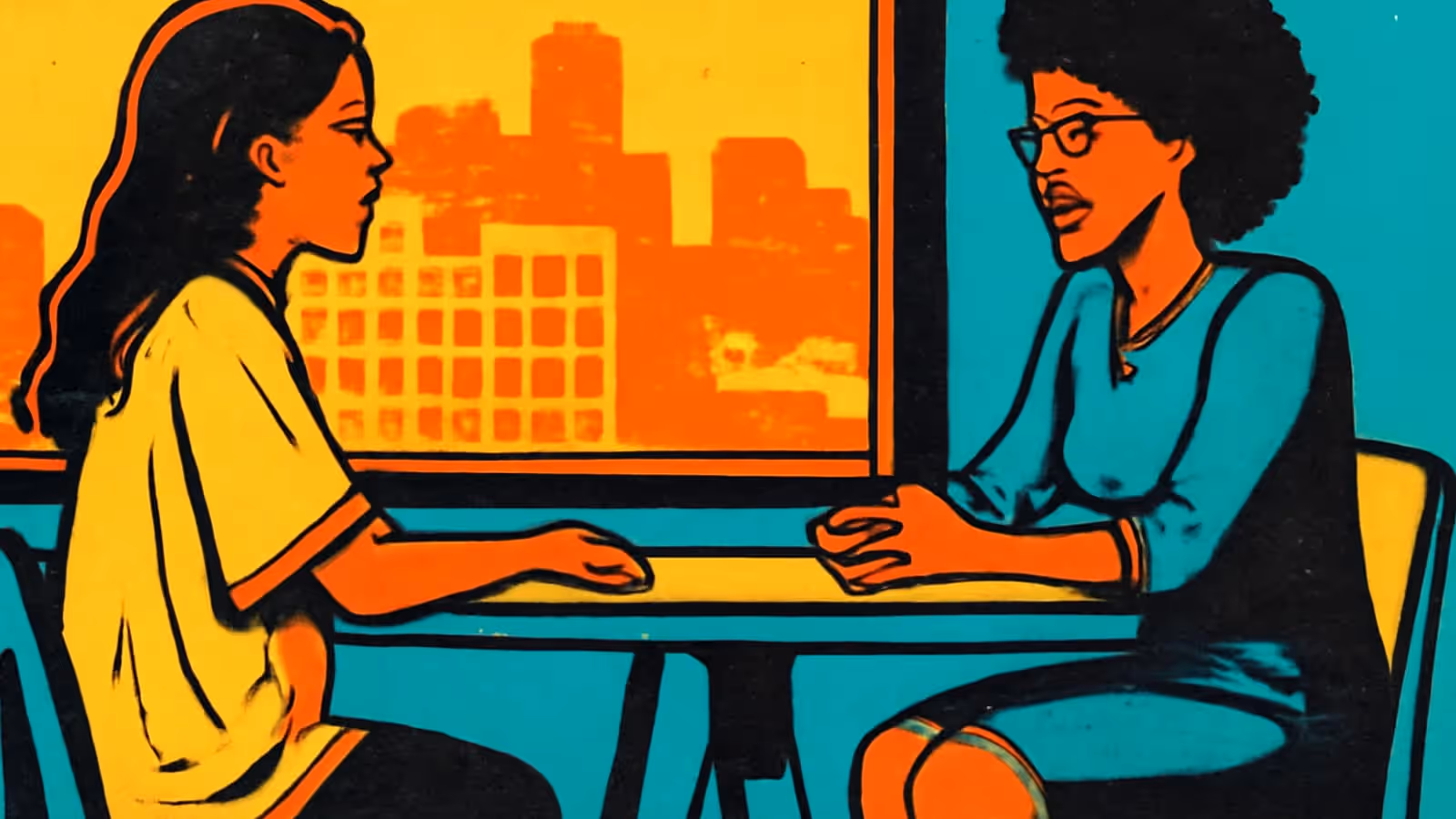 Pop-art illustration of two people sitting across a small table in conversation, hands resting on the tabletop, with an orange city skyline through the window behind them.