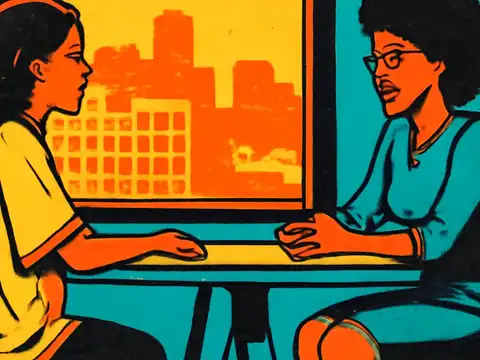 Pop-art illustration of two people sitting across a small table in conversation, hands resting on the tabletop, with an orange city skyline through the window behind them.