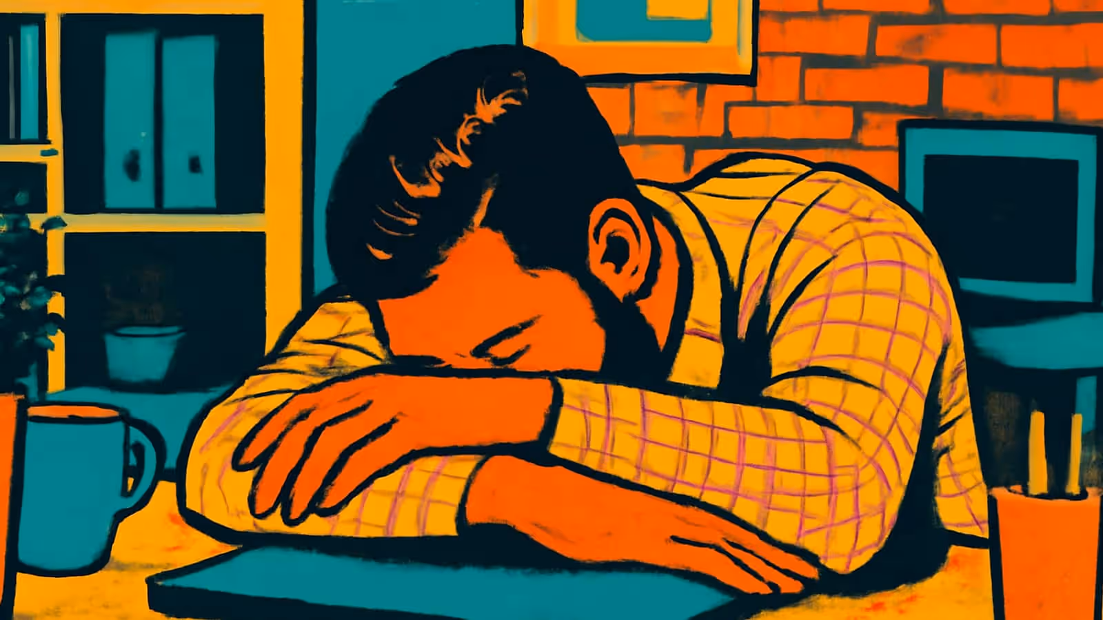 Ilustración de pop-art de una persona inclinada hacia adelante con la cara sobre sus brazos doblados en un escritorio, junto a una taza y una laptop cerrada.