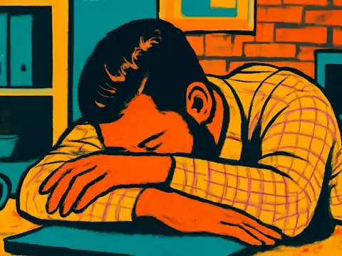 Pop-art illustration of a person slumped face-down on their folded arms at a desk, beside a mug and a closed laptop.