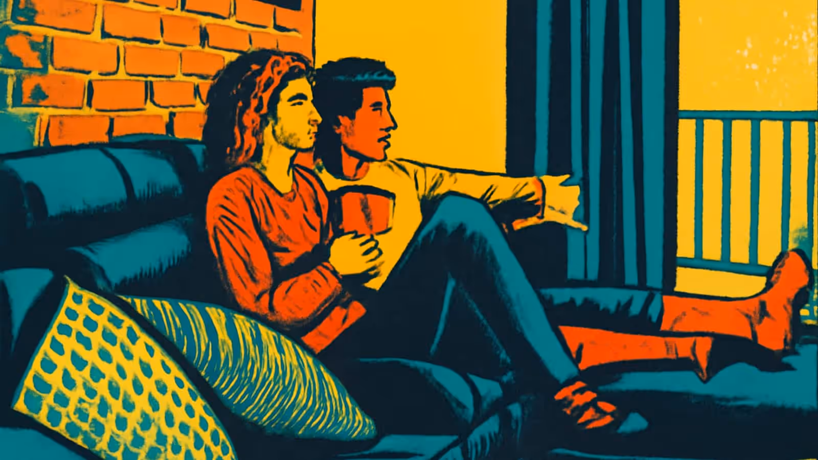Pop-art illustration of two people sitting close together on a sofa, one holding a mug, both looking off to the side.