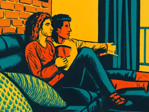 Pop-art illustration of two people sitting close together on a sofa, one holding a mug, both looking off to the side.
