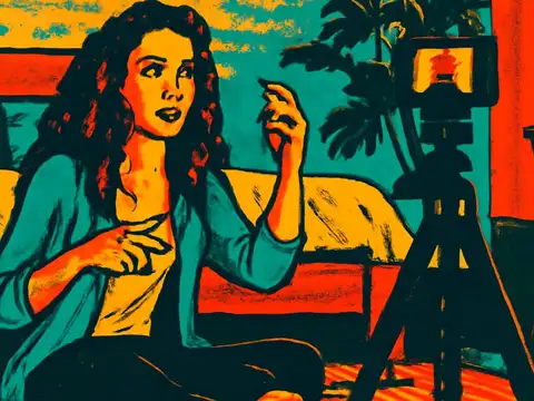 Pop-art illustration of a young woman sitting on a bed filming herself on a camera mounted on a tripod.