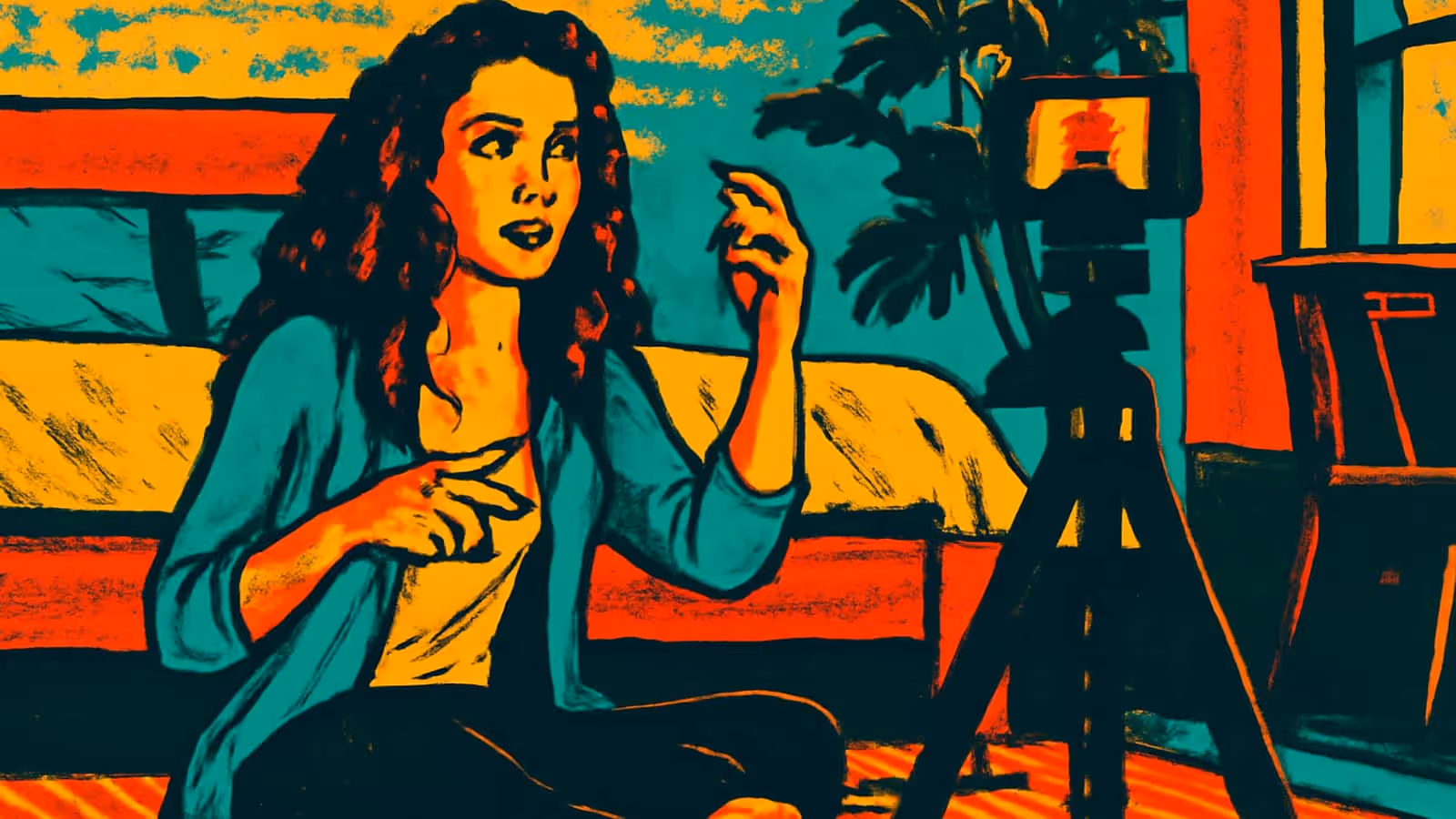 Pop-art illustration of a young woman sitting on a bed filming herself on a camera mounted on a tripod.