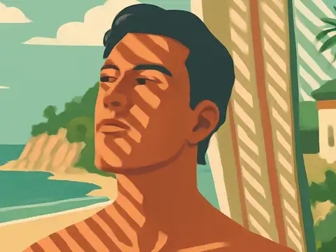Illustrated close-up portrait of a young man lit by striped window-blind light, looking at the camera.