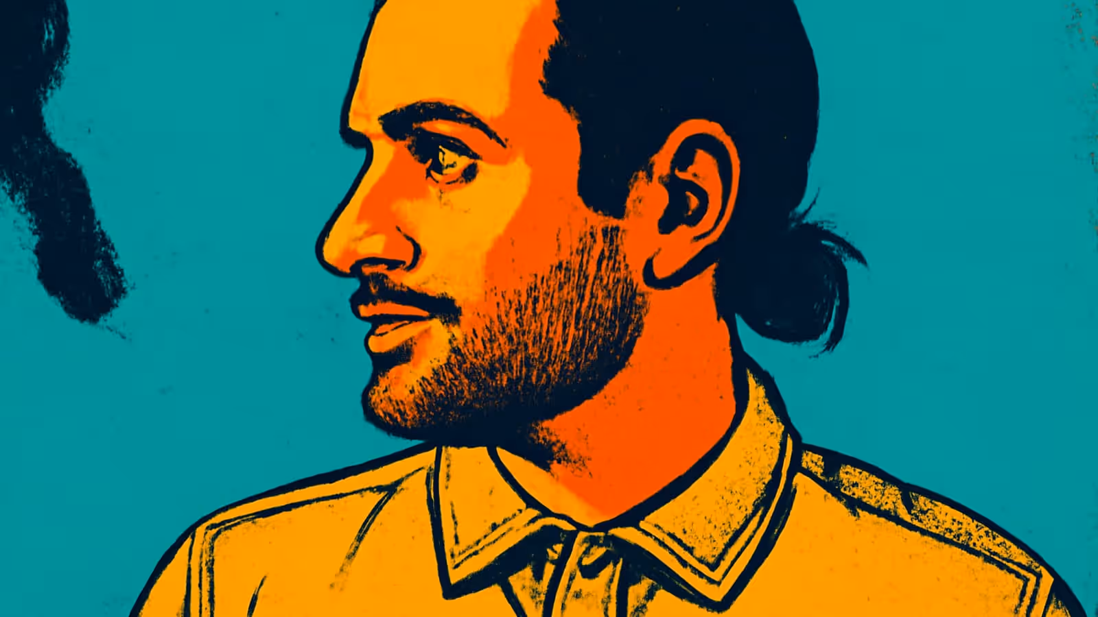 Pop-art illustration of a bearded man in a collared shirt shown in profile, looking to one side against a plain background.