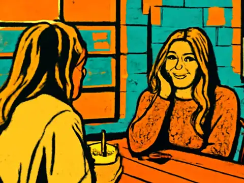 Two women sitting across a cafe table, one seen from behind and one smiling with her chin on her hand, rendered as a flat orange, yellow and teal illustration.