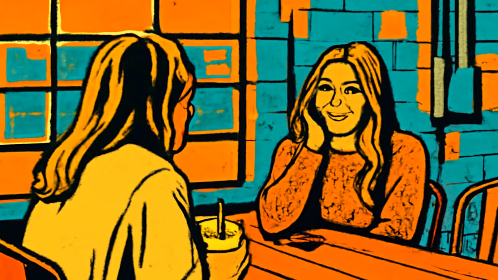 Two women sitting across a cafe table, one seen from behind and one smiling with her chin on her hand, rendered as a flat orange, yellow and teal illustration.
