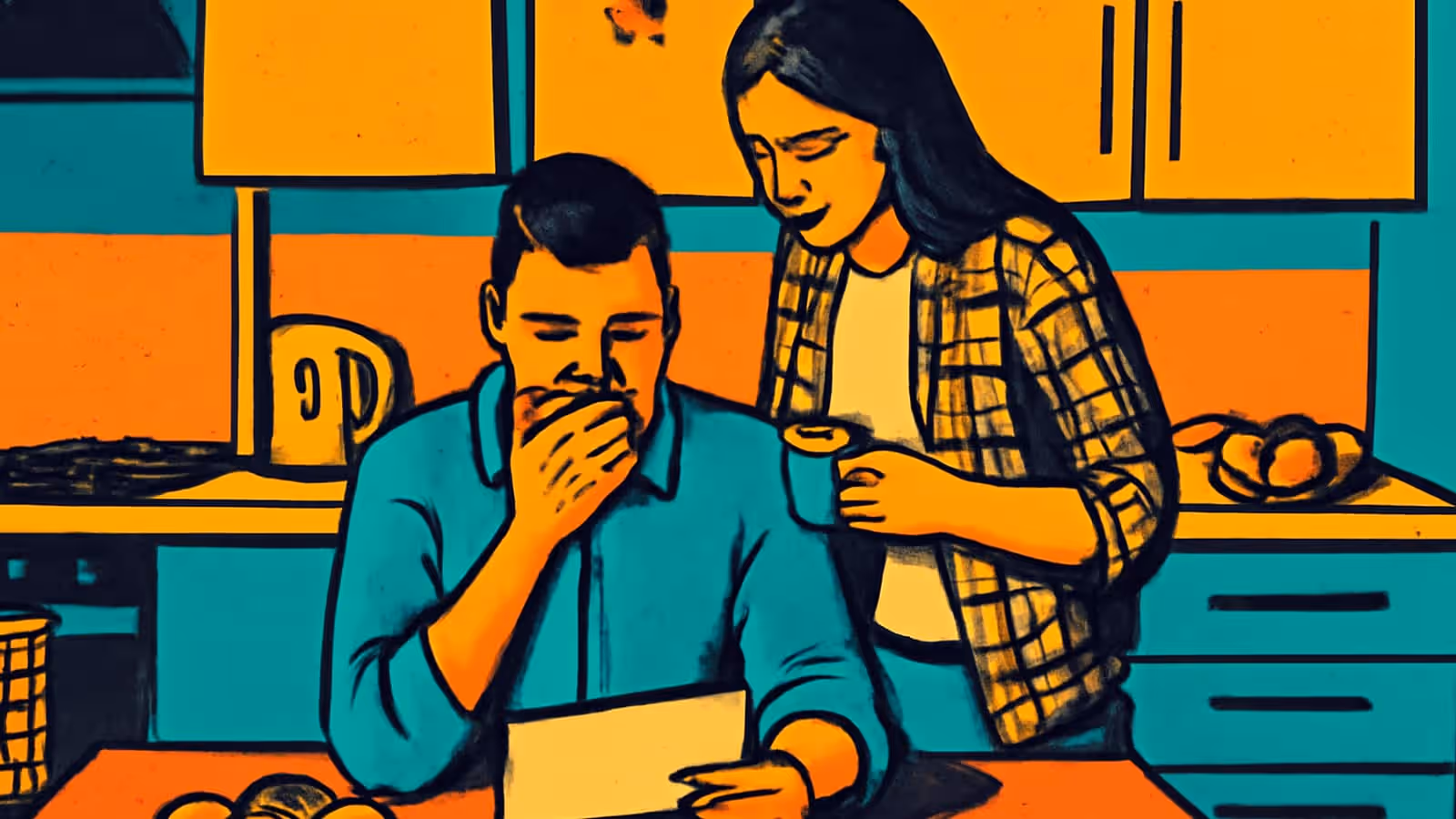 Pop-art illustration of a man sitting at a kitchen table with a hand over his mouth, reading a document, while a woman stands behind him holding a mug.