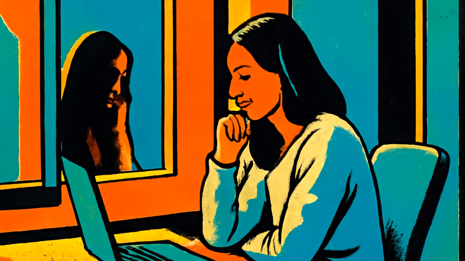 Pop-art illustration of a person sitting at a laptop with a hand at their chin, their reflection visible in a window beside them.