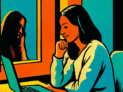 Pop-art illustration of a person sitting at a laptop with a hand at their chin, their reflection visible in a window beside them.