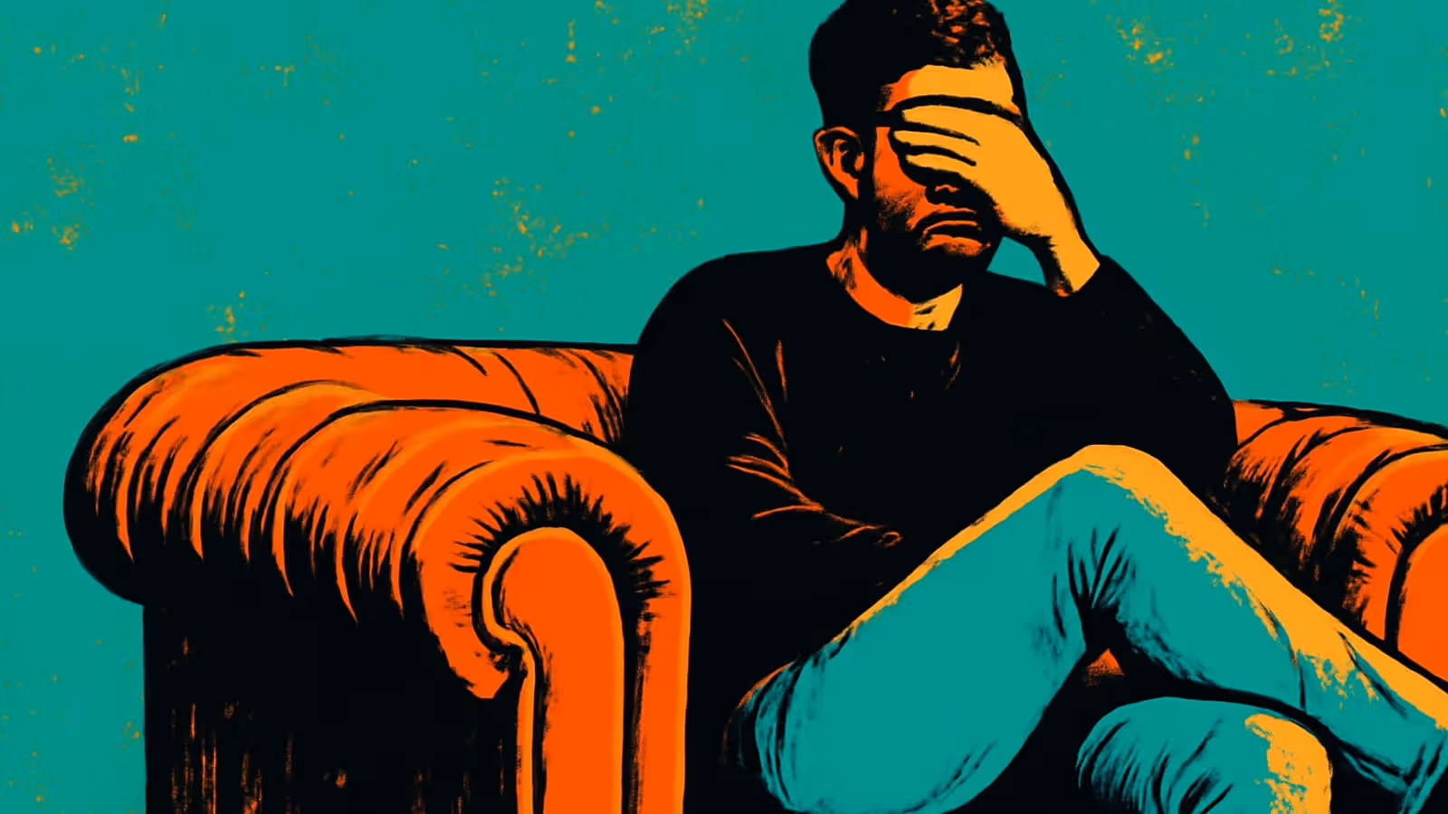 Pop-art illustration of a bearded person sitting on a large orange armchair with one hand covering their eyes.