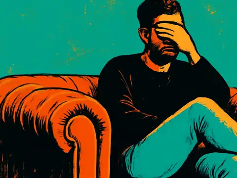 Pop-art illustration of a bearded person sitting on a large orange armchair with one hand covering their eyes.