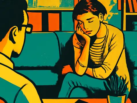 Pop-art illustration of two people on a teal sofa in a room with shelves. One sits in the foreground seen from behind wearing glasses; the other rests a cheek on one hand with eyes closed.